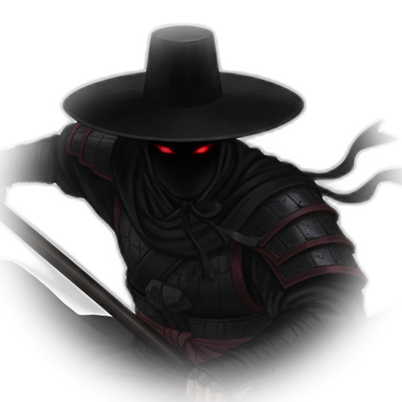 Jikida guardian character, close up on its watching face lit in red
